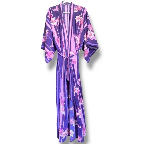 ichiban Purple Striped Cotton Open Front Vintage Belted Robe Butterfly Kimono